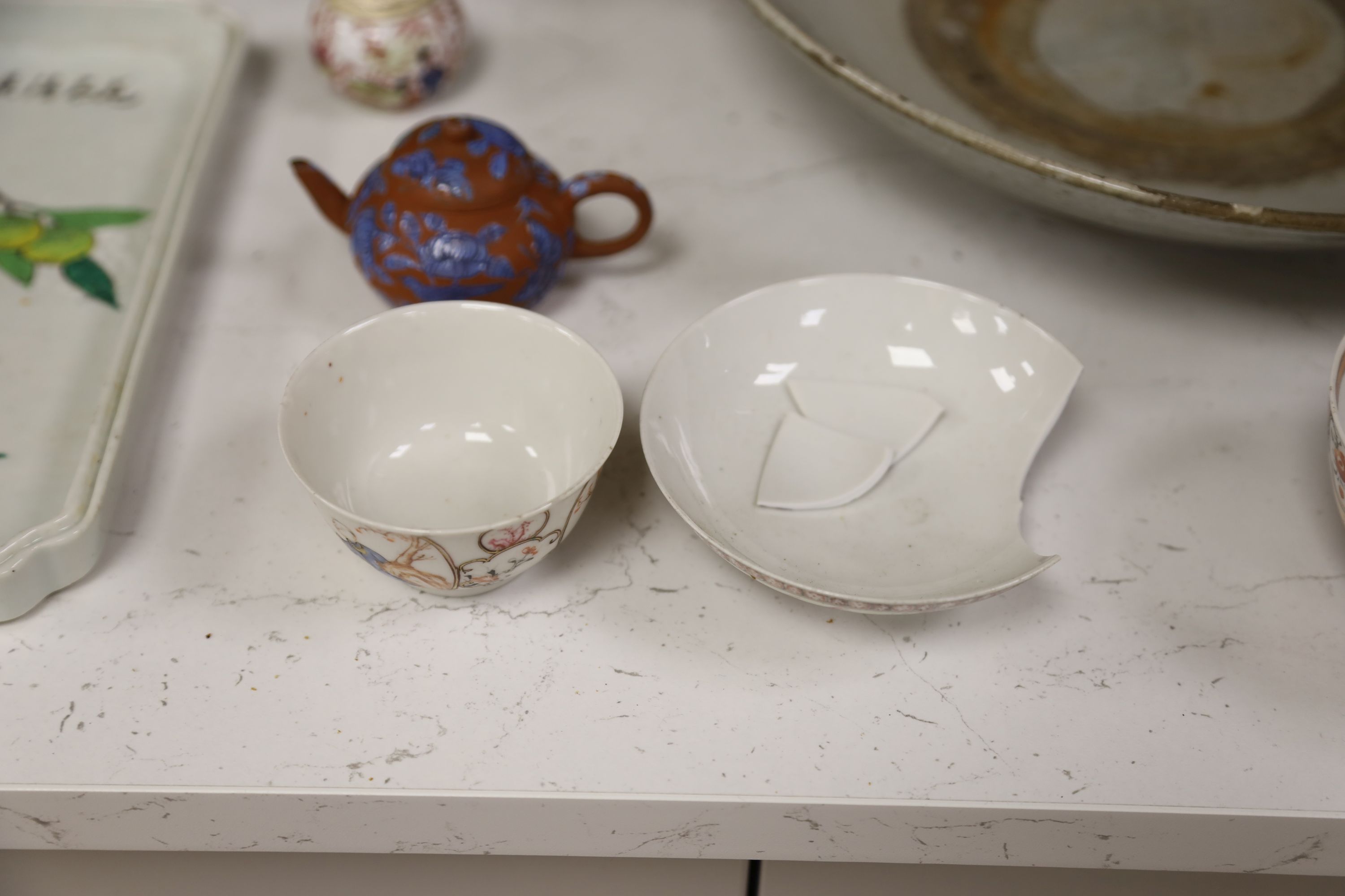 A quantity of mixed Chinese ceramics including a famille rose teapot, tallest 31cm